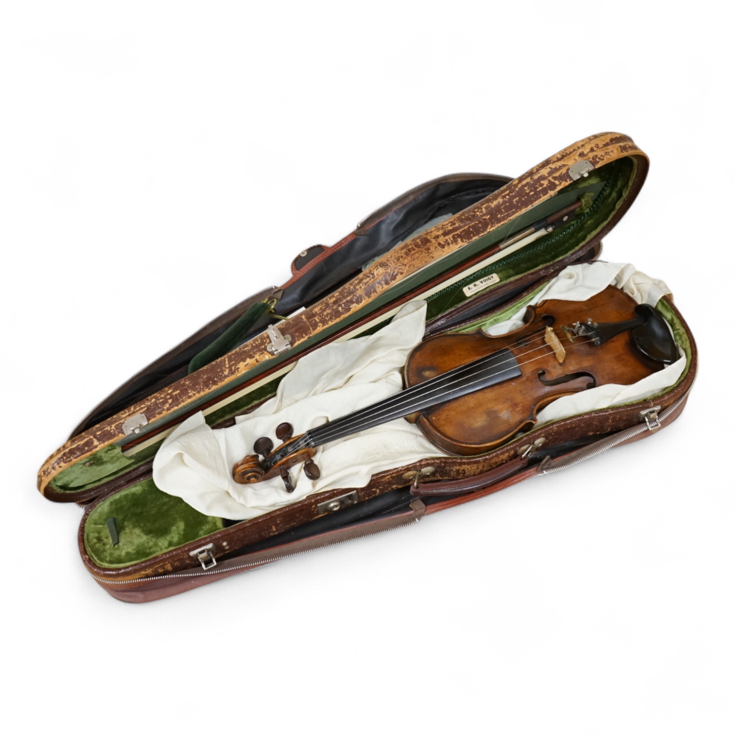 An interesting late 18th century violin, with one piece bird’s eye maple back, unsigned, with two silver fully mounted octagonal bows, one stamped Voight CITES Submission reference, 3XFNUBT7 and Submission reference, RHL